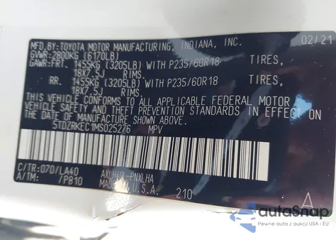 2021 Toyota Sienna Limited from USA, damaged, VIN 5TDZRKEC1MS025276